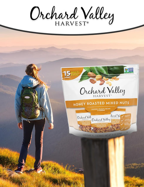 Orchard Valley Harvest Honey Roasted Mixed Nuts, 1 Ounce Bags Pack of 15, Gluten Free Non-GMO