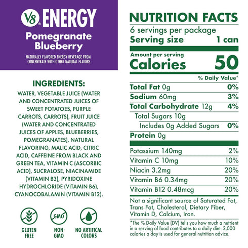 V8 8 oz (6 Pack) +Energy Pomegranate Blueberry Juice Energy Drink, fl Can