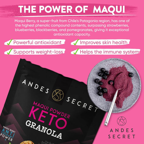 11 oz (1 Pack) Andes Secret Maqui Powder Granola - Almonds, Hazelnuts - Keto High Protein Granola with No Sugar, Grain