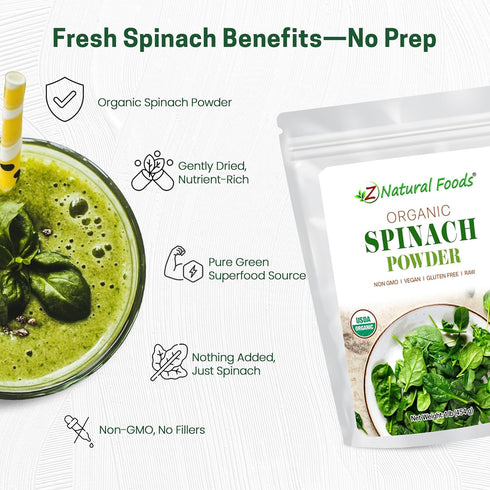 100% Immune 1 lb Z Natural Foods Organic Spinach Powder - Pure & Nutrient-Dense Dried Raw Spinach Leaves for & Energy