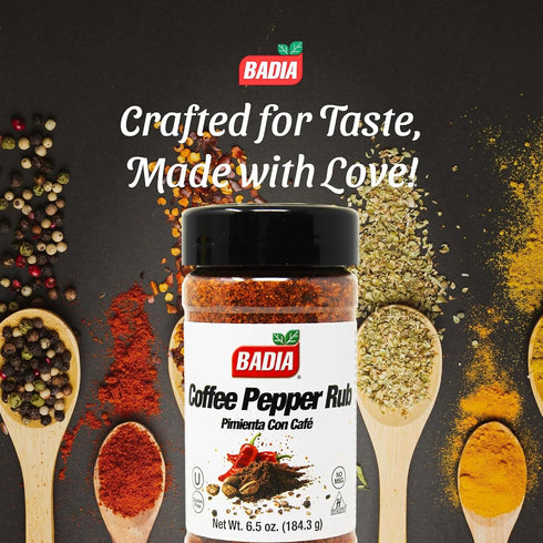6.5 oz Badia Coffee Pepper Seasoning, - Chili Pepper, Coffee, Garlic, Brown Sugar Blend for Smoky Sweet Rub, Gluten