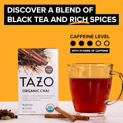 16 TAZO Organic Chai Black Tea Bags, Caffeinated tea, Total Bags