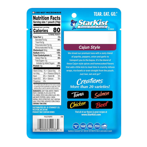 (2.6 oz 24 Pack) StarKist Tuna Creations Cajun Style Pouch - Wild Caught, High Protein Shelf Stable Seafood, Gluten