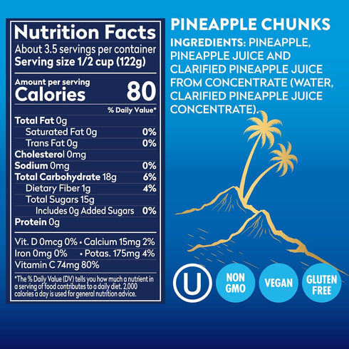 100% 15.25 Oz, 12 Count Dole Canned Fruit, Tropical Gold Pineapple Chunks in Pineapple Juice, Gluten Free, Pantry