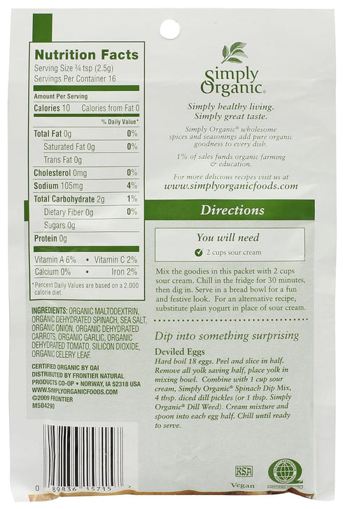 1.41 oz Pack 12 Simply Organic Spinach Dip Mix, Certified Organic, Gluten-Free | |