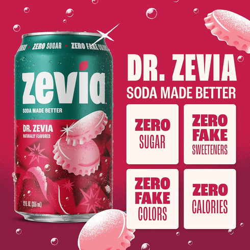 12 oz (24-Pack) Zevia Zero Sugar Soda, Dr. Zevia, Cans Naturally Sweetened, Zero Calorie Sugar Free Soda - Non-GMO
