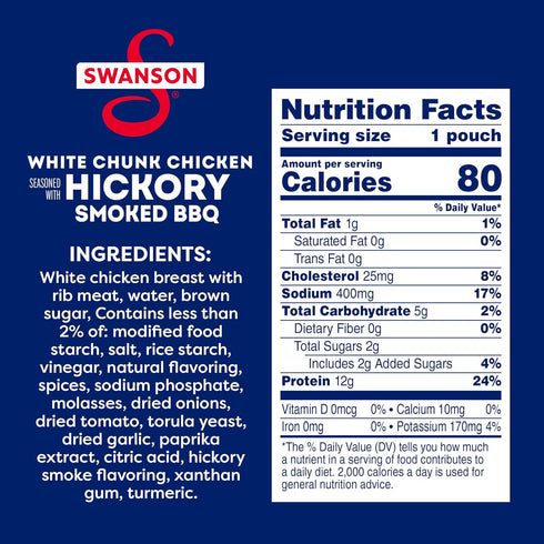 2.6 oz (12 Pack) Swanson Hickory Smoked BBQ White Chunk Fully Cooked Chicken, Pouch