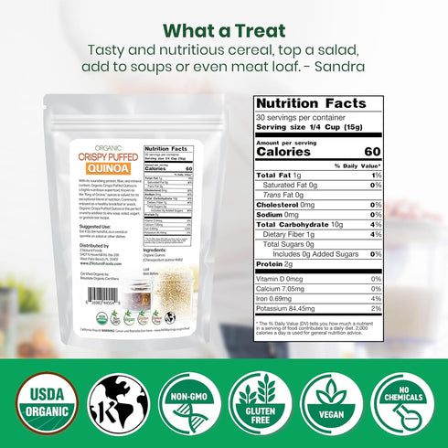 1 lb Z Natural Foods Organic Crispy Puffed Quinoa - Real Crisped Quinoa Vegan Superfood - Healthy Quinoa Crisps Snacks