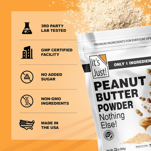 90% 1 32oz It's Just! Peanut Butter Powder - Less Fat, Non-GMO, No Added Salt or Sugar, Ingredient