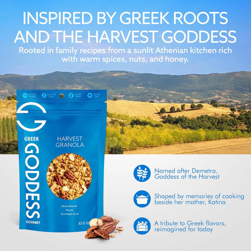 100% 10oz (1-Pack) Greek Goddess Gourmet Harvest Granola with Pecans, Almonds, Coconut & Maple Syrup, Whole Grain Oats
