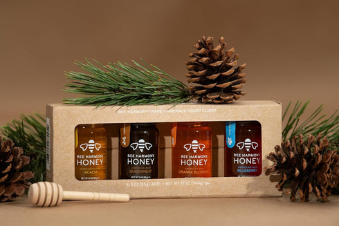 Set, 4 3 OZ Bee Harmony Rare Varietals Honey Flight, Mini Honey Gift Jars, Each, Premium, Raw (Acacia, Buckwheat