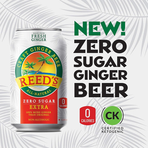 Pack 4 (12fl oz Reed's Zero Sugar Extra Ginger Beer, of Can each) - Non-Alcoholic Jamaican Real Ginger Brew, Sweetened