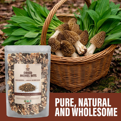 Crown Fungi 3oz Pack Dried Moral Bits, of Dried Wild Mushrooms, Ideal Chopped Mushrooms for Gourmet Recipes, Thoughtful