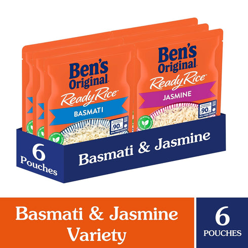 Pack, 8.5 OZ (Pack 6) BEN'S ORIGINAL Ready Rice Basmati and Jasmine Rice Variety Easy Dinner Sides, Pouch