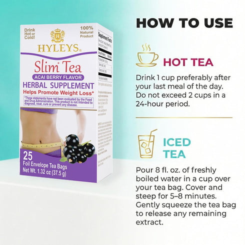 25 (1 Pack) HYLEYS Slim Tea Acai Berry Flavor - Weight Loss Herbal Supplement Cleanse and Detox - Tea Bags