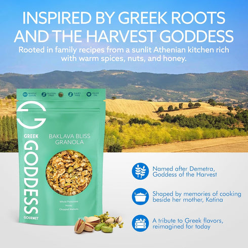 100% 10oz (1-Pack) Greek Goddess Gourmet Baklava Bliss Granola with Pistachios, Walnuts, Wildflower Honey, Cinnamon
