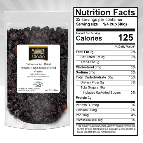 Packed (2 lbs) Traina Home Grown California Sun Dried Natural Pitted Cherries - Healthy, Natural, No Added Sugar, Non