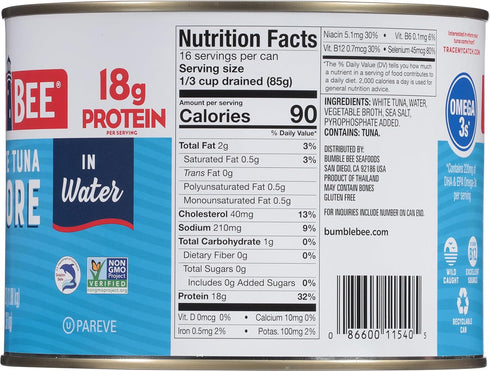 Albacore 66.5 oz 20g Omega-3s Bumble Bee Chunk White Tuna in Water, Bulk Food Service Can - Wild Caught Tuna - Protein
