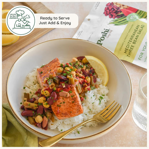 6 Pack, 4.4 oz POSHI Mediterranean Three Bean Salad Natural, Keto, Vegan, Non GMO, Low Carb + Calorie, Gluten Free