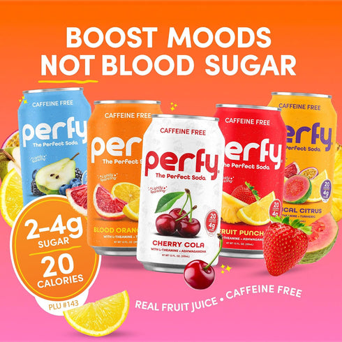 12-Pack PERFY Caffeine Free Cherry Cola Soda | Made With Real Juice Low Sugar Nootropic Drink with L-Theanine +