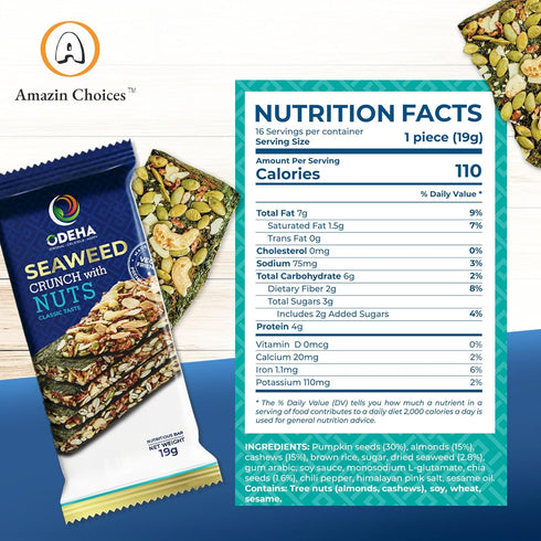 Pack 1 Seaweed Crunch with Nuts Classic Taste Amazin Choices Vegan Snack Bars with Cashews, Almonds & Pumpkin Seeds