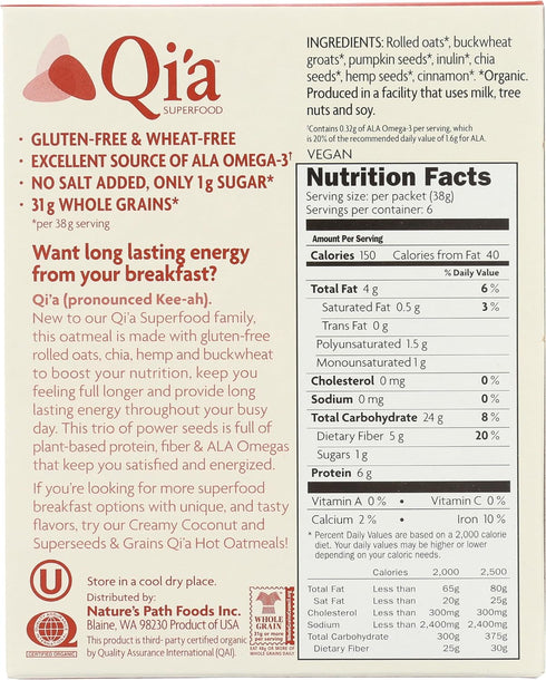 (6 Packets Nature's Path Qia Superfood Gluten-Free Oatmeal - Cinnamon Pumpkin Seed / Box)