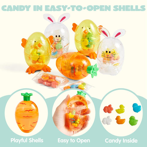 12pcs SYNCFUN Easter Candy Filled Eggs Shell Carrot, Chick and Bunny Shaped, Includes Duck, Chick and Bunny Shaped