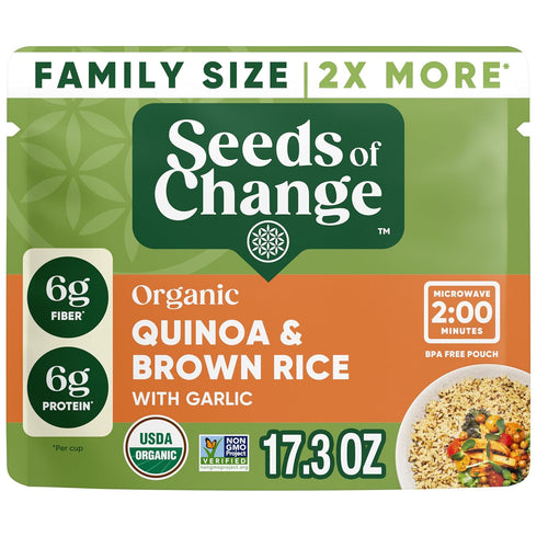 17.3 oz (Pack 6) SEEDS OF CHANGE Organic Quinoa & Brown Rice with Garlic Family Size, Organic Food, Pouch