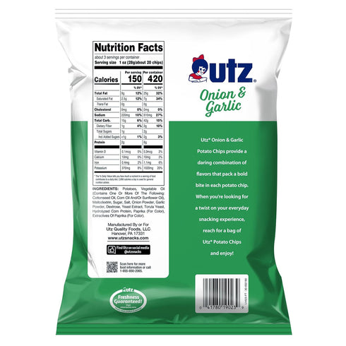2.75 oz (14 Count) Pack Utz Onion & Garlic Potato Chips Bags Savory and Zesty Flavor with Signature Crunch Snack