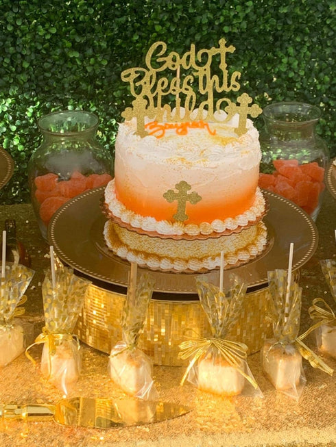 JeVenis 25 PCS Glittery Gold Bless this Child Cross & Cake Toppers for Baptism Decorations