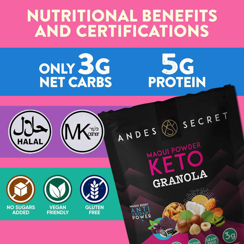 11 oz (1 Pack) Andes Secret Maqui Powder Granola - Almonds, Hazelnuts - Keto High Protein Granola with No Sugar, Grain