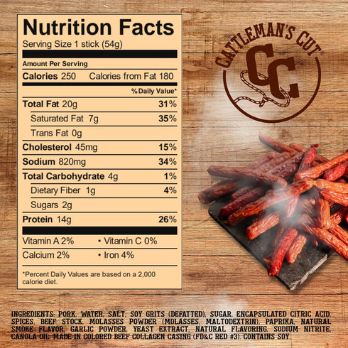 12 Cattleman's Cut Old Fashioned Smoke Sausage Meat Sticks, Premium Protein Snacks, Keto Friendly, Gluten Free