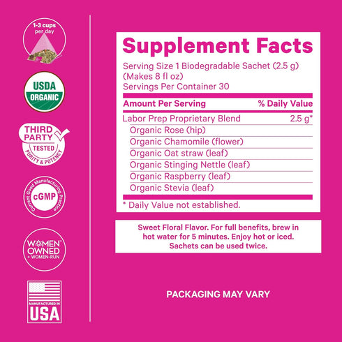 Pink Stork Labor Prep Tea, Organic Red Raspberry Leaf with Chamomile and Rosehip, 15 Sachets - Caffeine-Free