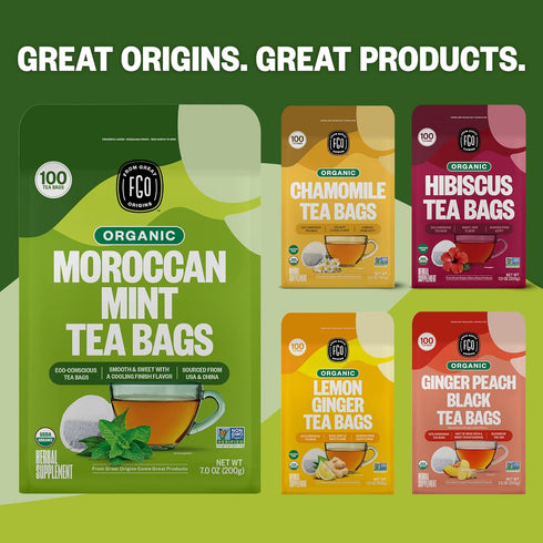FGO Organic Moroccan Mint Green Tea, 100 Count, Eco-Conscious Tea Bags, Resealable Bag (Pack of 1)