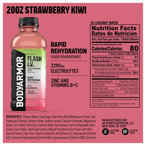 20 Oz (Pack 12) BODYARMOR Flash I.V. Electrolyte Beverage, Strawberry Kiwi, Hydration Drink with Coconut Water