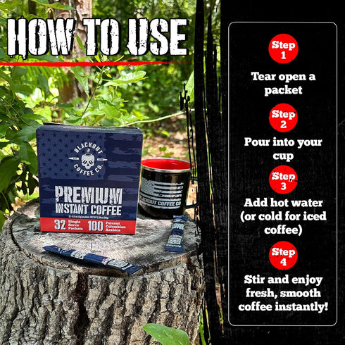 Packets 32 Count. Blackout Coffee Colombian Arabica Instant Coffee Medium Roast, Strong Aromatic, Single Serve Premium