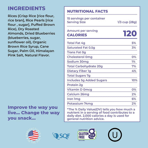 180 9 15 oz Snacks Almond Rice Pops with Blueberries - Tasty, Bite-Size Healthy Snacks with Ingredients - Non GMO