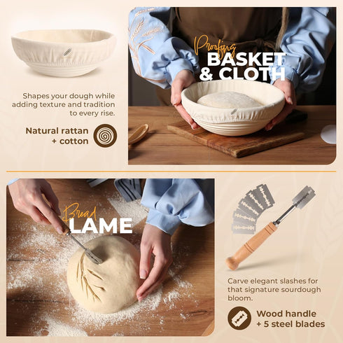 BAKERIA 9" Set Round Banneton Bread Proofing Basket with Starter Jar, Linen Liner, Bread Lame, Dough & Bench Scraper