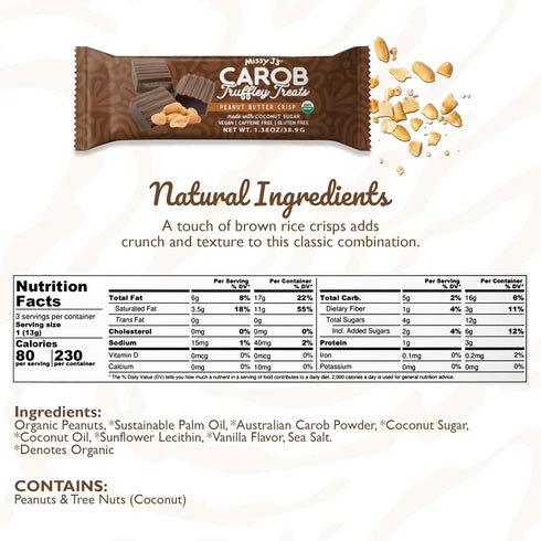 1.38 Oz 12 Pack, Missy J's Organic Carob Peanut Butter Truffley Treats Made with Coconut Sugar, Vegan, Gluten