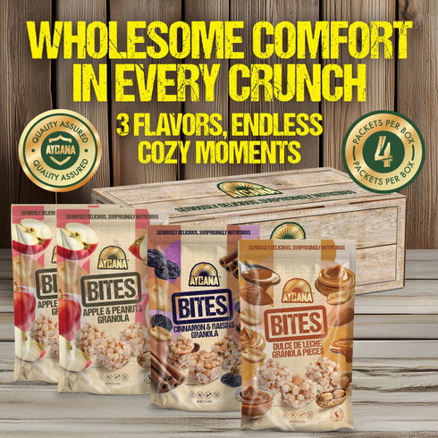 Pack, 4 Aycana Comfort Crunch Selection Box Granola Bites Dulce de Leche, Apple & Peanuts, Cinnamon & Raisins