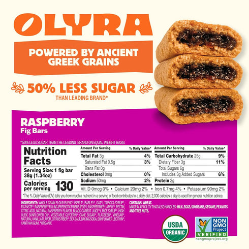 (Pack 30) Olyra Raspberry Fig Bars, Organic Snacks, Healthy Snacks for Adults and Kids, Low Sugar, Vegan, Office