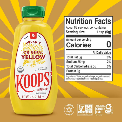12 Oz, Pack 3 Koops' Organic Yellow Mustard Gourmet Mustard, Gluten-Free, Kosher, USDA Certified Organic, Made in USA