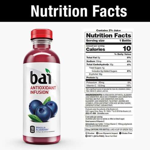 18 (Pack 12) Bai Flavored Water, Brasilia Blueberry, Antioxidant Infused Drinks, Fluid Ounce Bottle