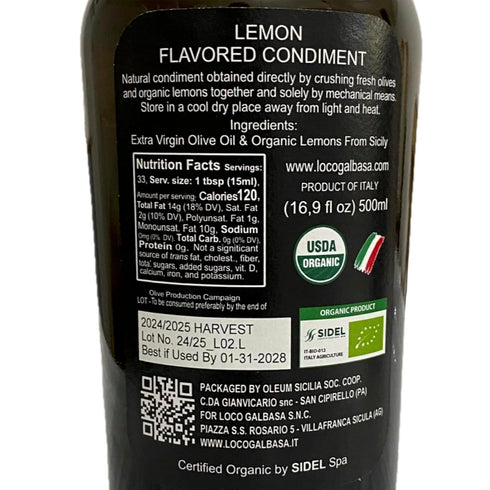 Galbasa 16.9 oz - Organic Lemon Oil from Sicily, Italy - First Cold Pressed Extra Virgin Olive Oil and Fresh Lemons