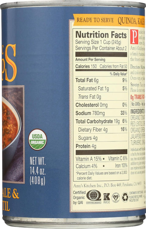 14.4 Oz Amy's Soup, Vegan Quinoa, Kale and Red Lentil Soup, Gluten Free, Made With Organic Vegetables and Lentils