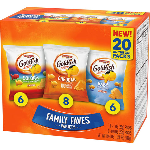 Packs,Variety Pack,(Pack 40) Goldfish Family Faves Crackers,Cheddar,Colors and Baby Crackers Snack