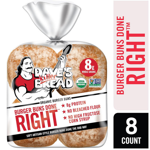8 Count Dave's Killer Bread Burger Buns Done Right, Organic White Bread Hamburger Buns
