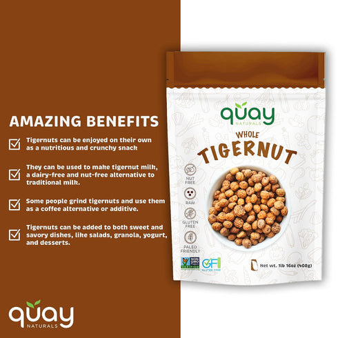 16 oz, Quay Naturals Organic Tigernuts Raw, for Snacking, Baking, Smoothies, Yogurt & Salad - Chufa Nuts - High Fiber