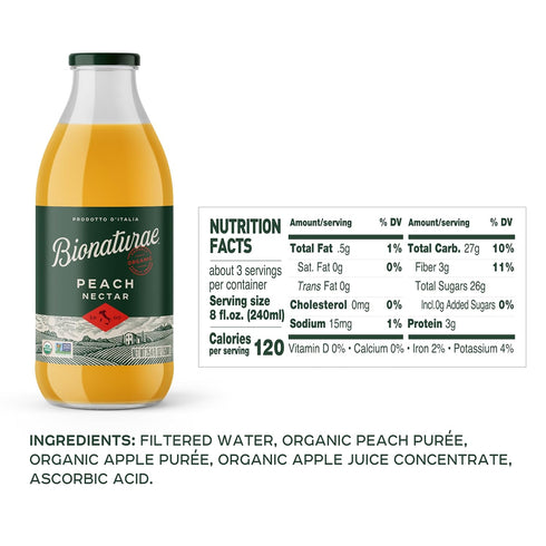 25.4 Oz Bionaturae Organic Peach Nectar - Peach Juice, Peach Nectar Juice, Non-GMO, USDA Certified, No Sugar Added, No