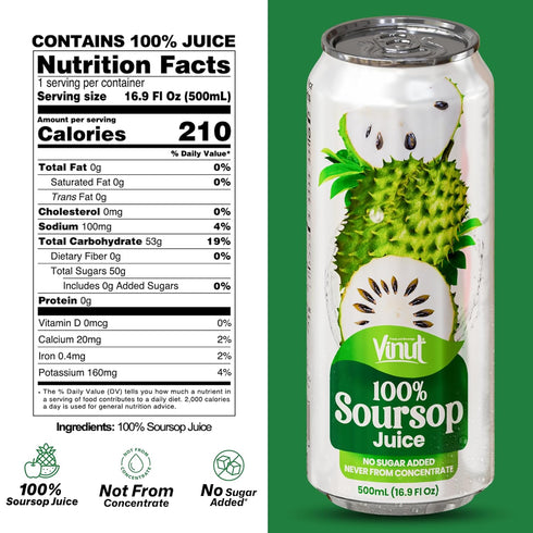 100% 16.9 oz (500 mL) Pack 24 VINUT Soursop Juice, No Added Sugar, Not From Concentrate, fl Can